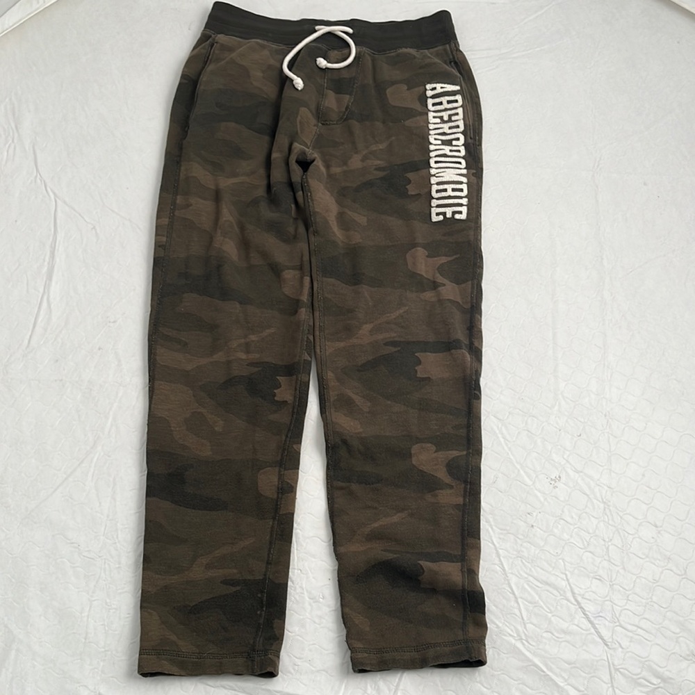 Abercrombie and Fitch army olive green camouflage and white sewn logo joggers